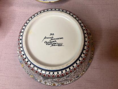 Beautiful Portugal handpainted pottery bowl featuring a peacock, deer, and dog!