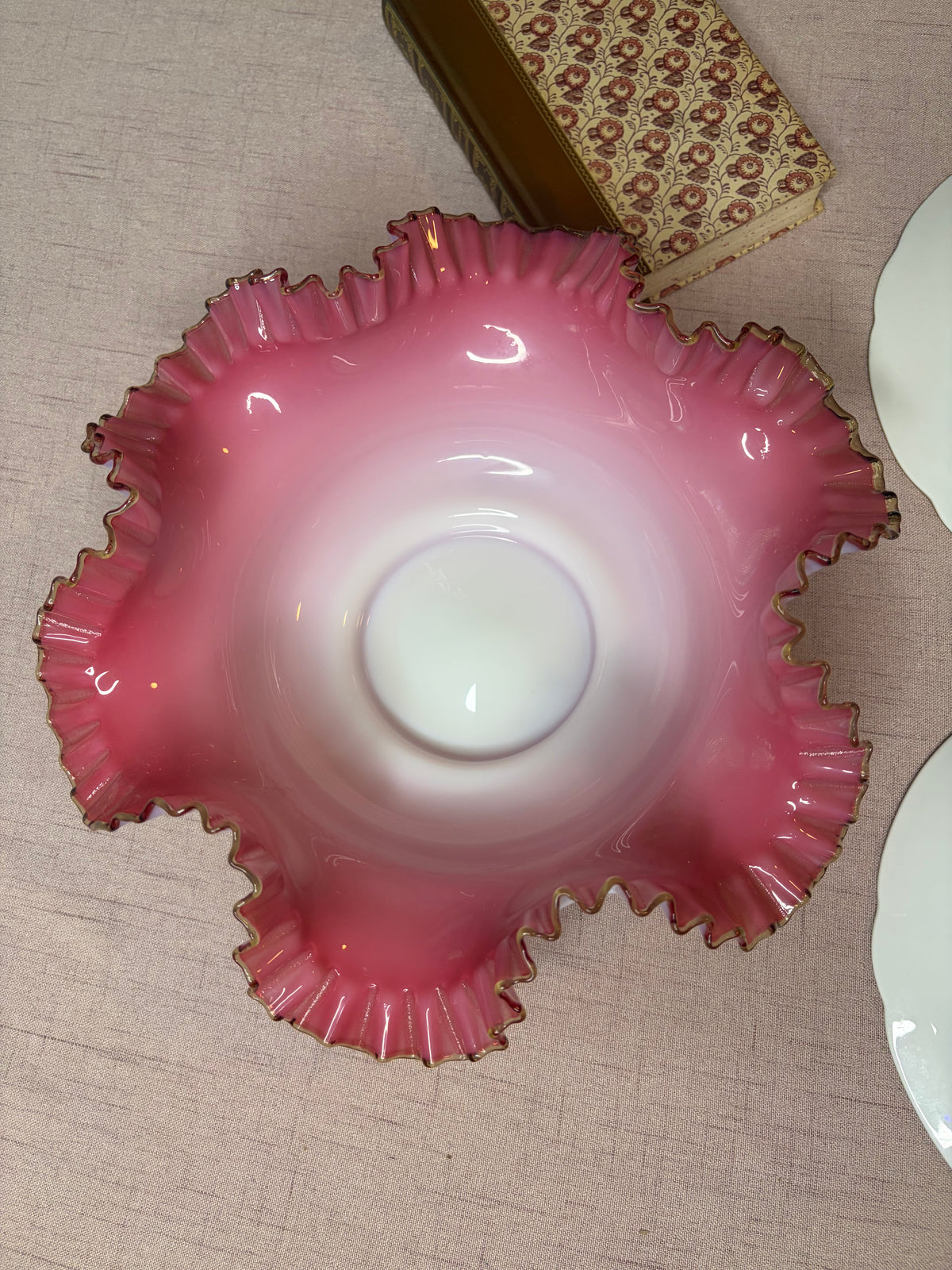 Gorgeous Fenton large pink and white bowl with ruffled edges!