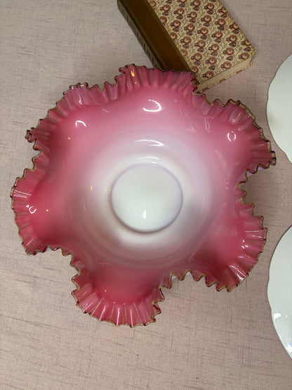 Gorgeous Fenton large pink and white bowl with ruffled edges!