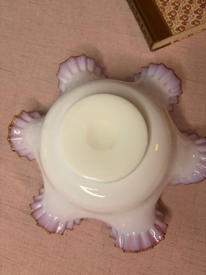Gorgeous Fenton large pink and white bowl with ruffled edges!