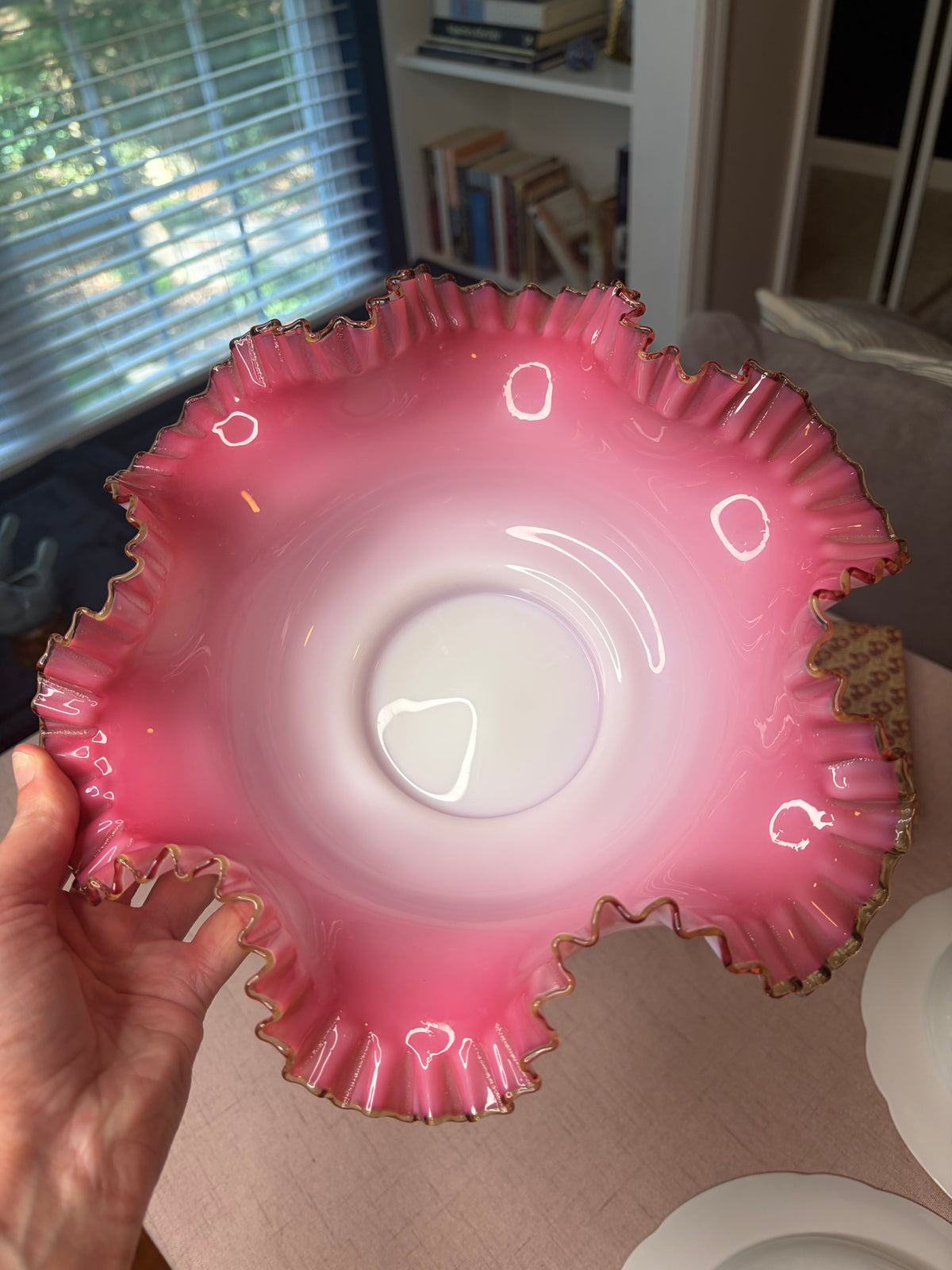 Gorgeous Fenton large pink and white bowl with ruffled edges!