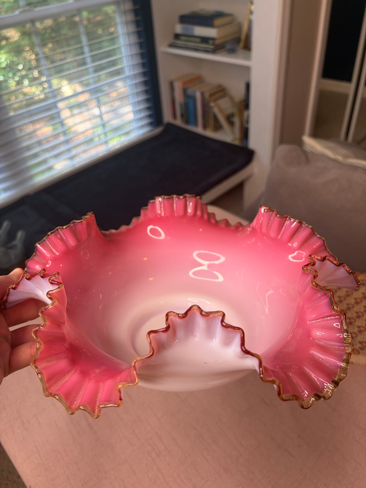 Gorgeous Fenton large pink and white bowl with ruffled edges!