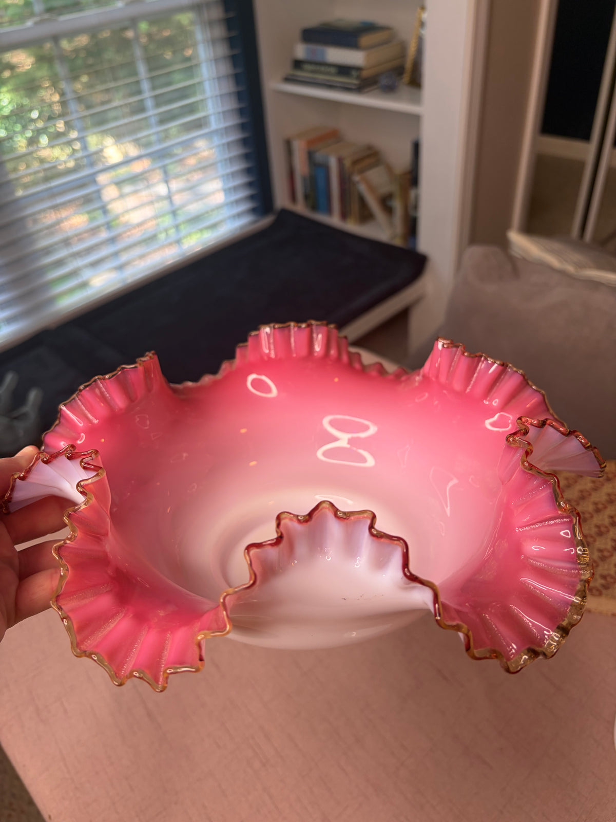 Gorgeous Fenton large pink and white bowl with ruffled edges!