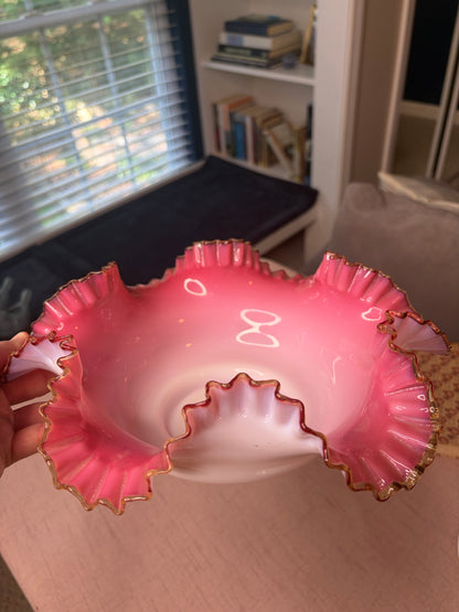 Gorgeous Fenton large pink and white bowl with ruffled edges!