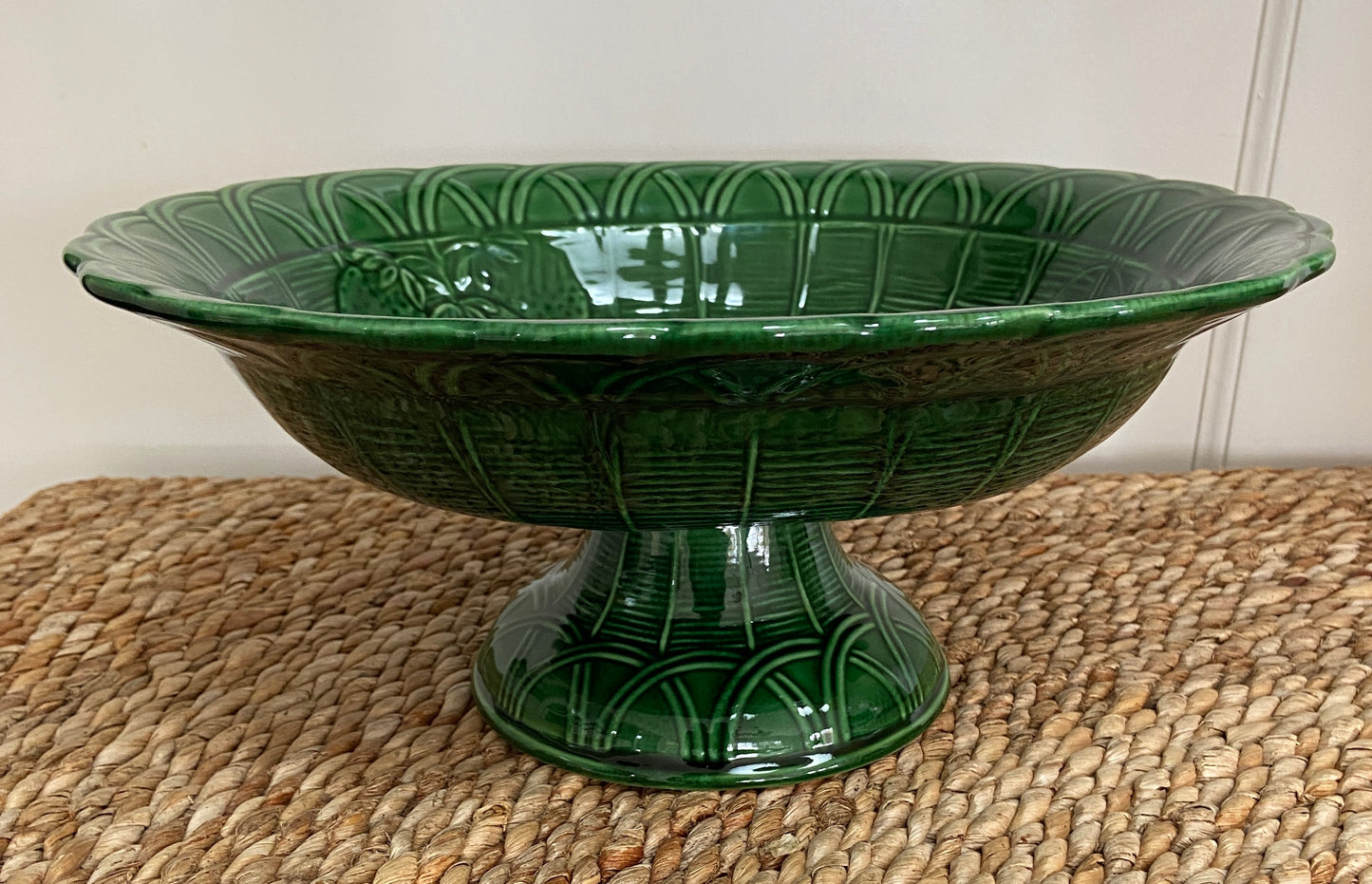 Vintage Green Italian Ceramic Strawberry Basket Compote