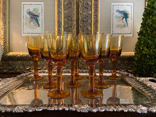 Lovely Set of 10 Amber Blown Glass Wine Goblets