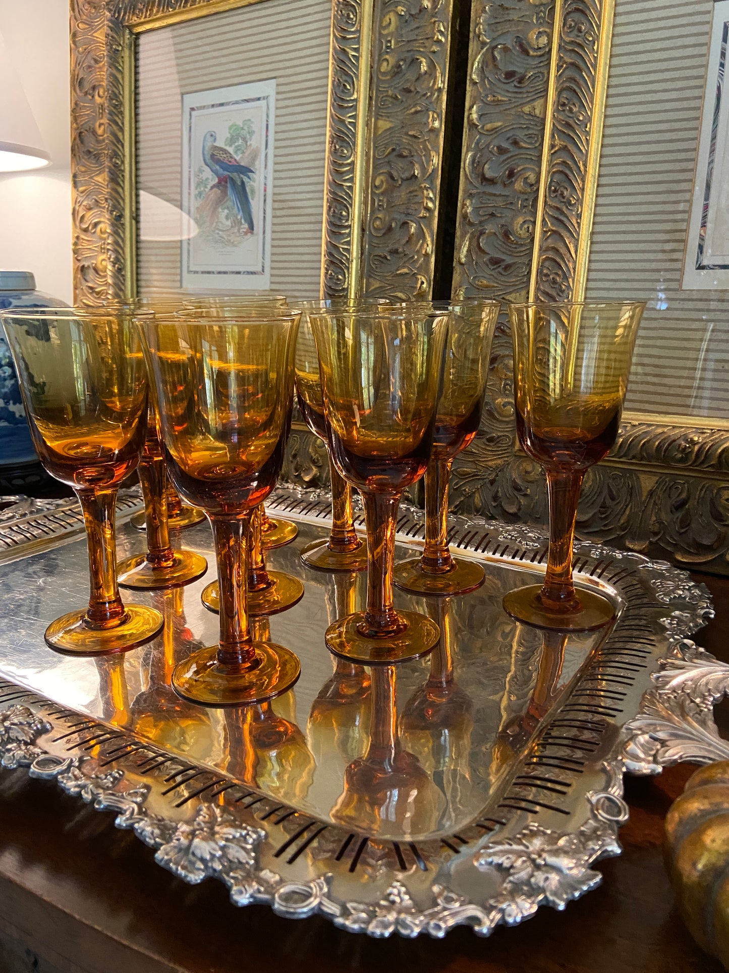 Lovely Set of 10 Amber Blown Glass Wine Goblets