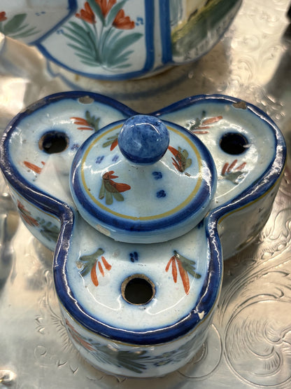 WCCR Charitable Item #113 | HR Quimper France Three-Section Faience Inkwell | Hand-Painted | c. 1920s