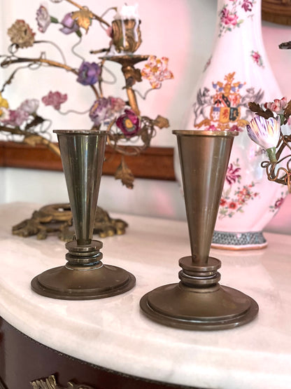 Antique Art Deco Pair Of Bronze Candlesticks
