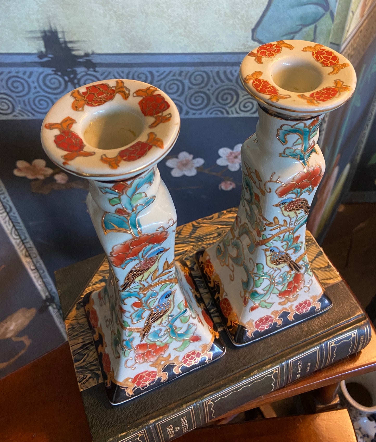 Vintage Chinoiserie Gilt Porcelain Candlesticks