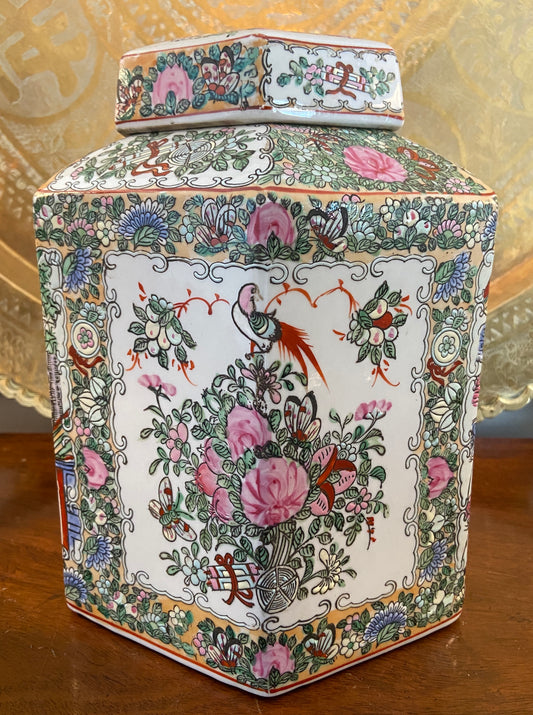 Fabulous Vintage Rose Medallion Style Chinoiserie Tea Jar, 10"H x 8"W x 7"D