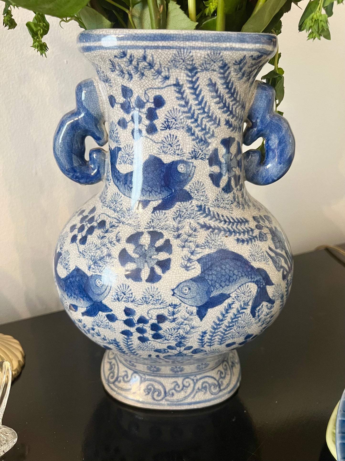 Vintage Large Blue Chinese Vase With Koi Fish