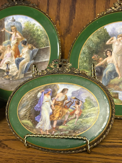 WCCR Charitable Item #158B | Antique Limoges Hand-Painted Porcelain Oval Plaque with Ormolu Mount | Romantic Scene | 6.5" x 5.5"