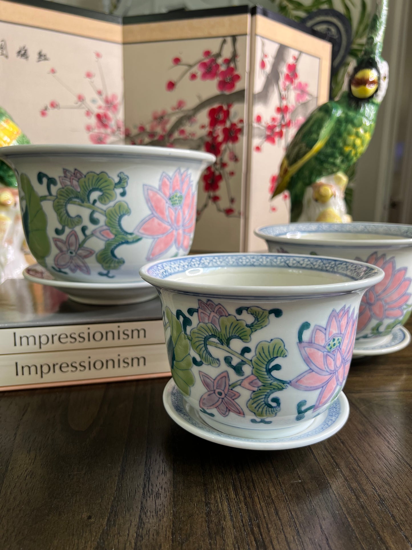 Set of 3 Vintage Chinoiserie Lotus and Lilypad Planters With Saucers