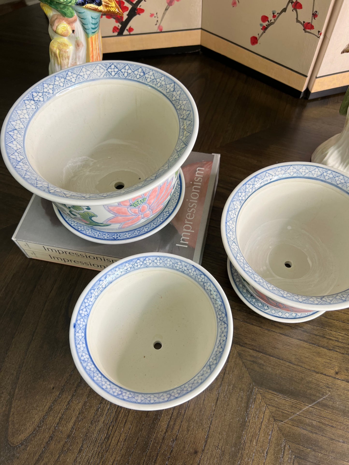 Set of 3 Vintage Chinoiserie Lotus and Lilypad Planters With Saucers