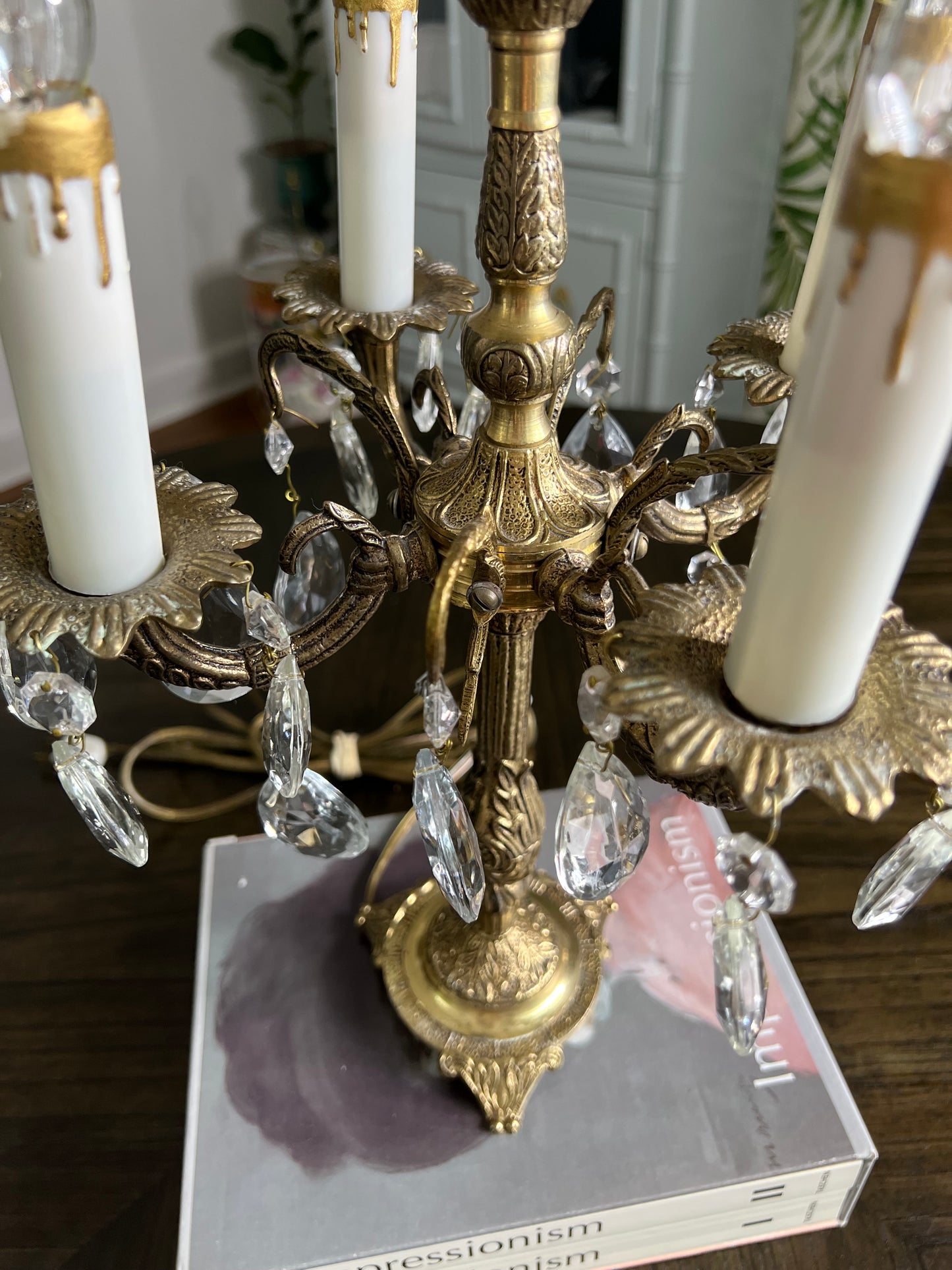 Brass Crystal Girandole 5 Light Candleabra Hollywood Regency French Lamp
