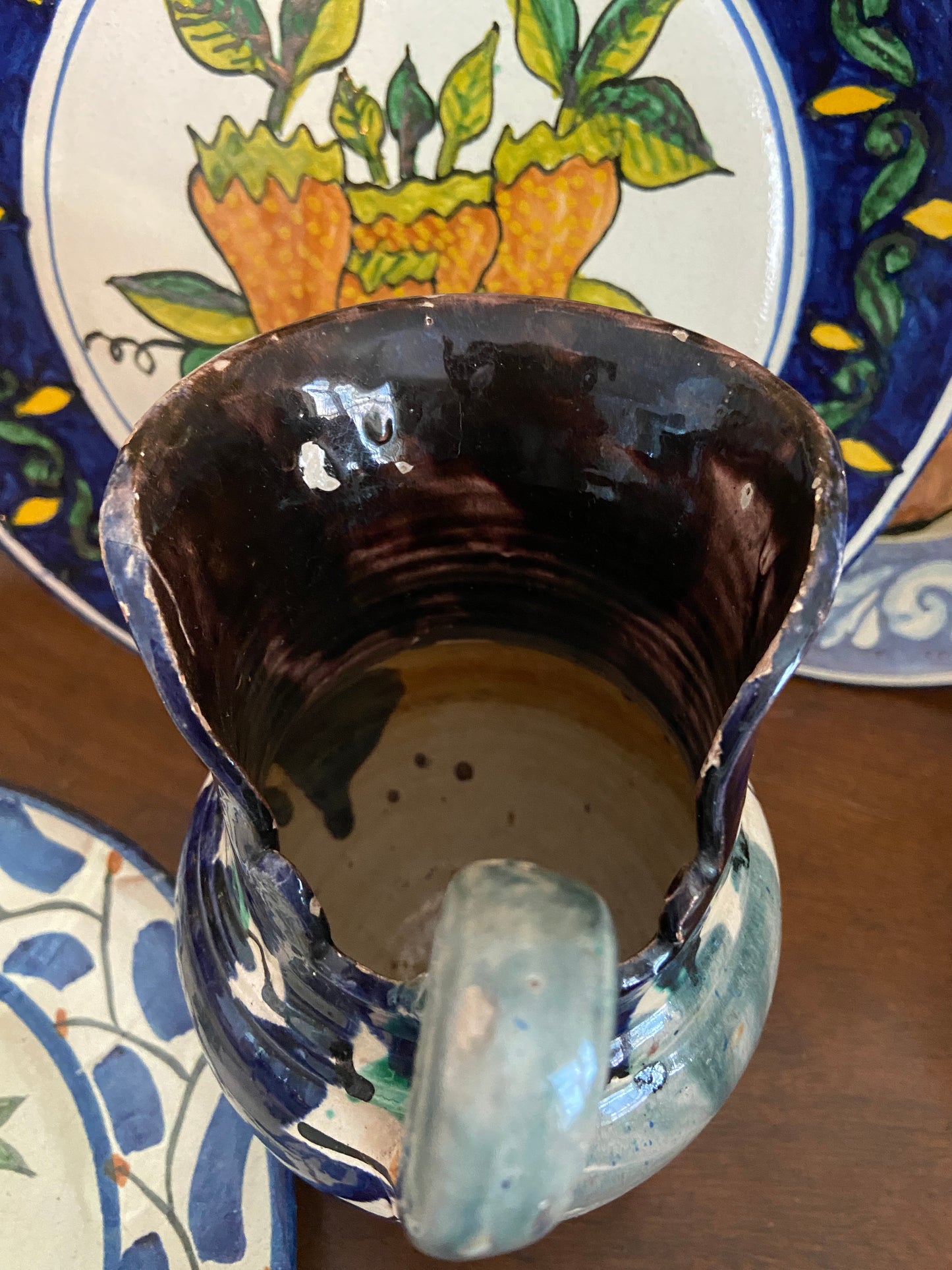 Rustic Mid-Century Mexican Pottery Drip Glaze Pitcher