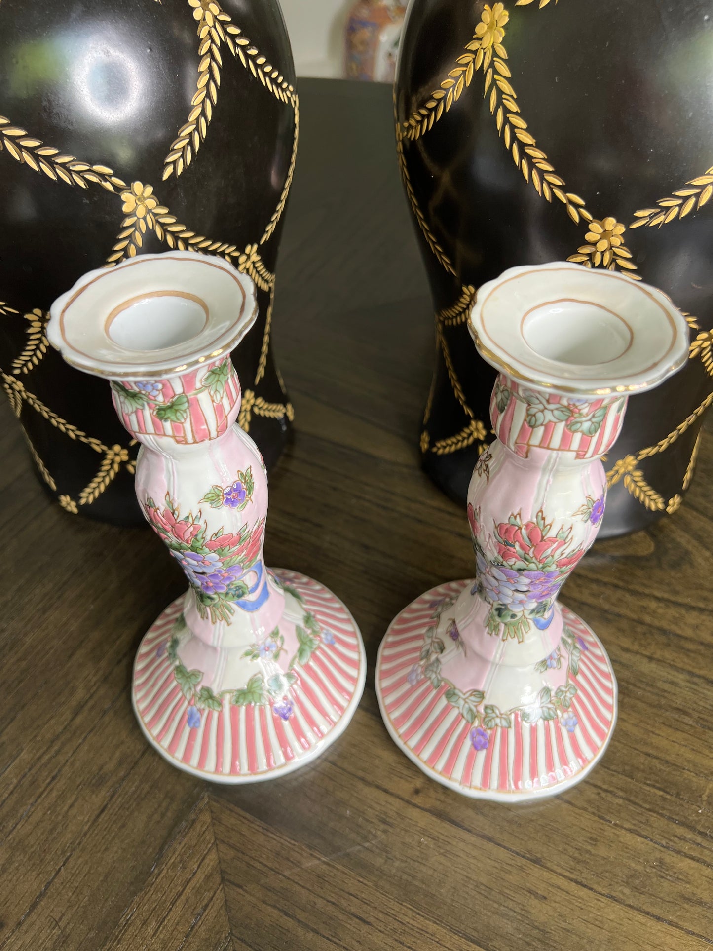 Vintage Pair of Chinoiserie Pink White Stripes Candestick Holders