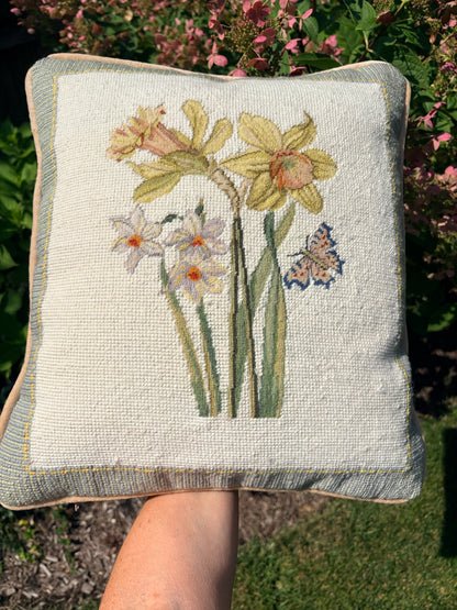 WCCR Charitable Item #126 | Vintage Daffodil Needlepoint Pillow | Floral Accent Pillow