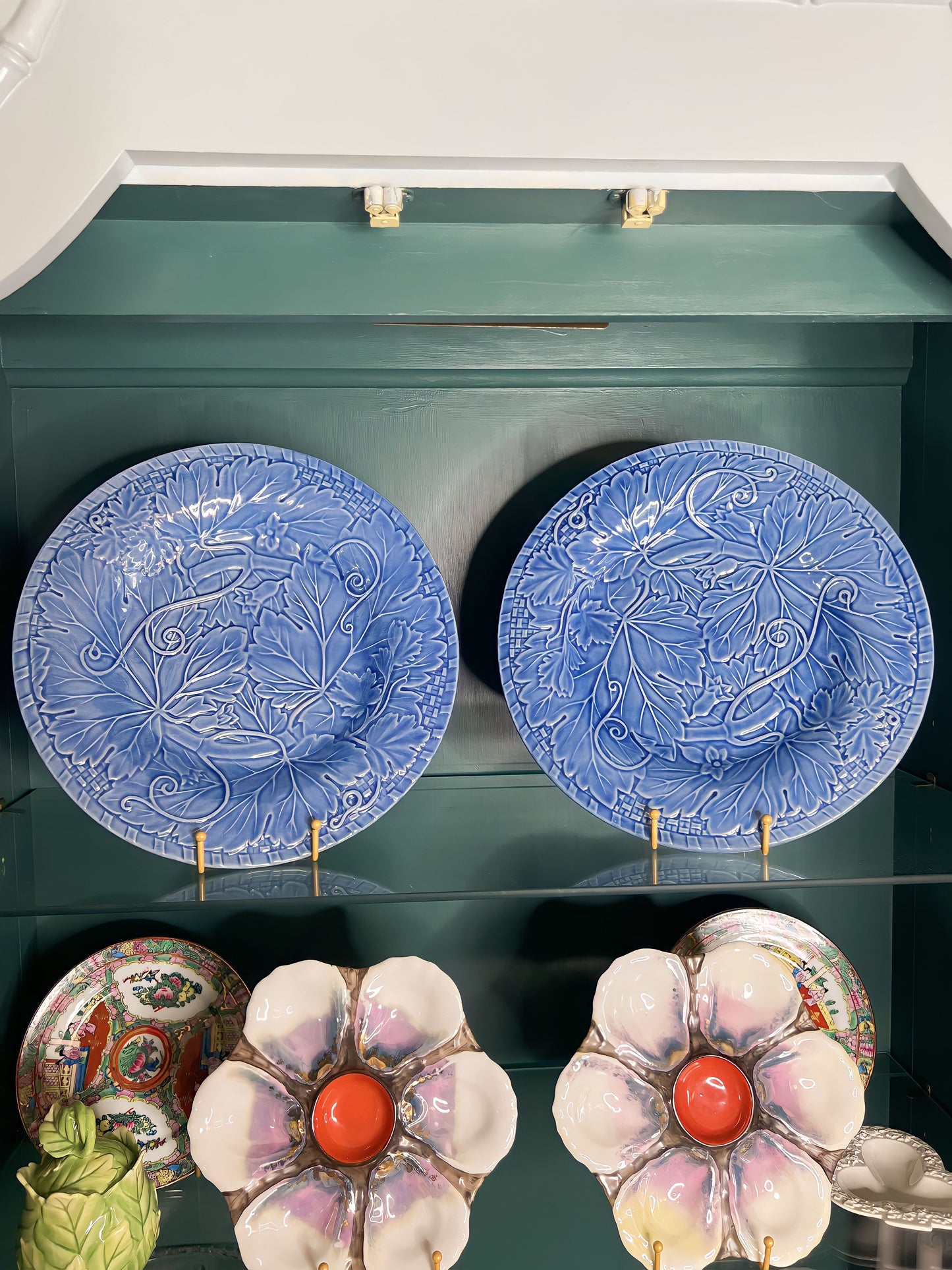 Vintage Pair (2) Bordallo Pinheiro 12.5” Blue Vine Chop Plates - Pristine!