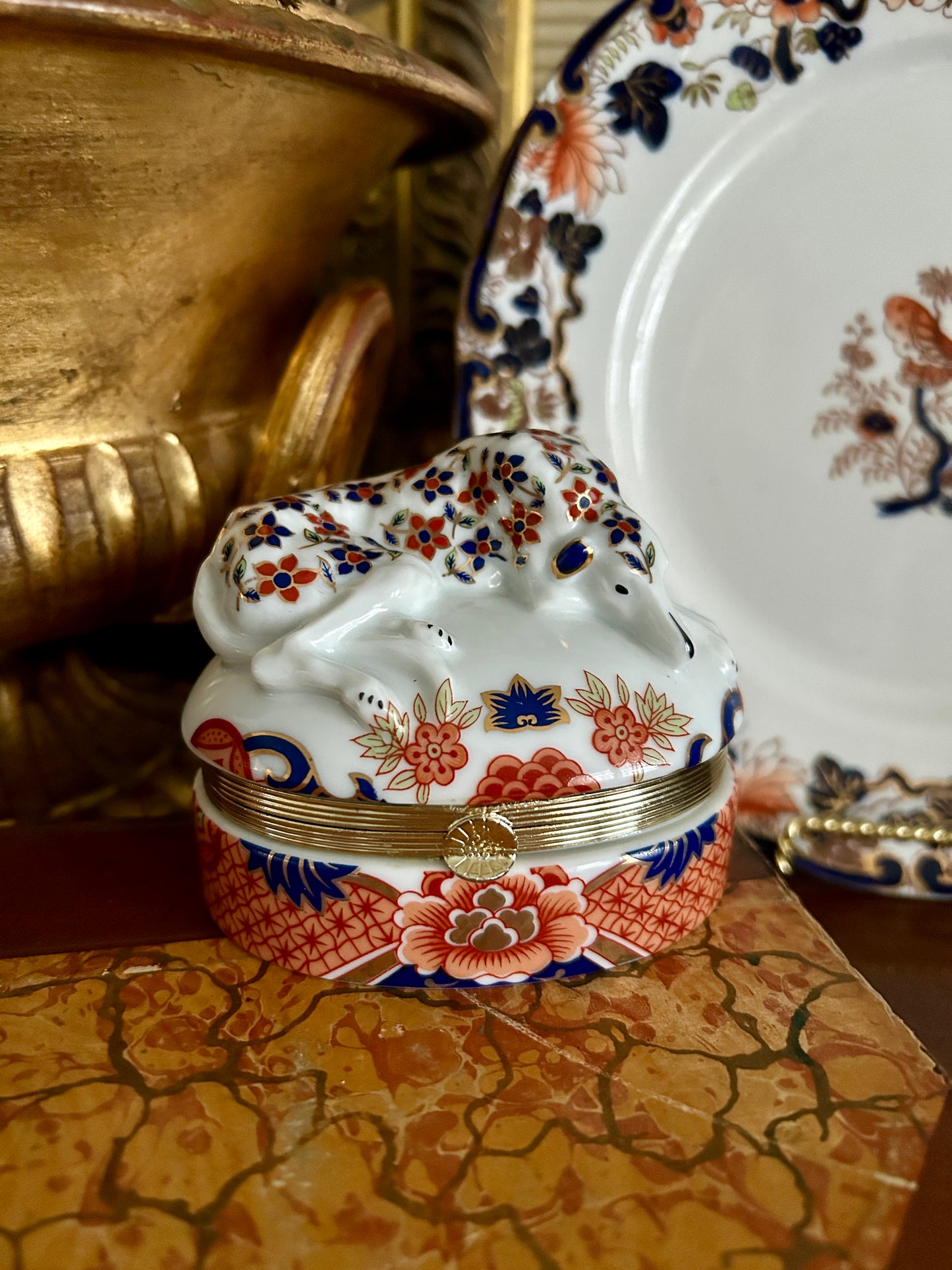 Vintage Imari Style Porcelain Dog Trinket Box
