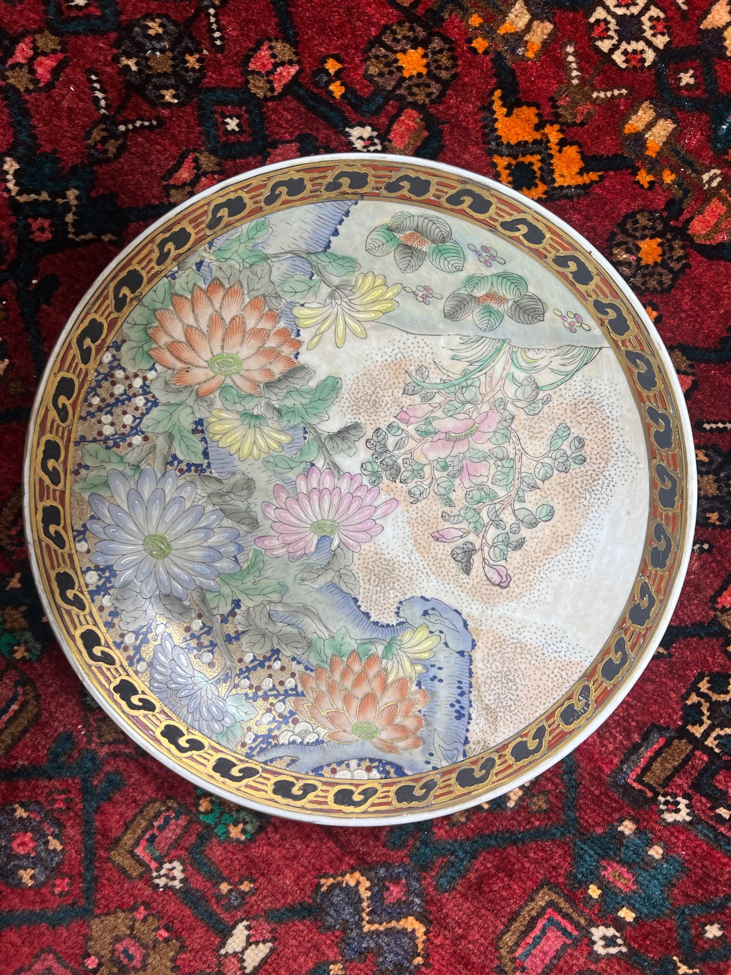 Stunning Large Shallow Chinoiserie Hand Painted Centerpiece Bowl