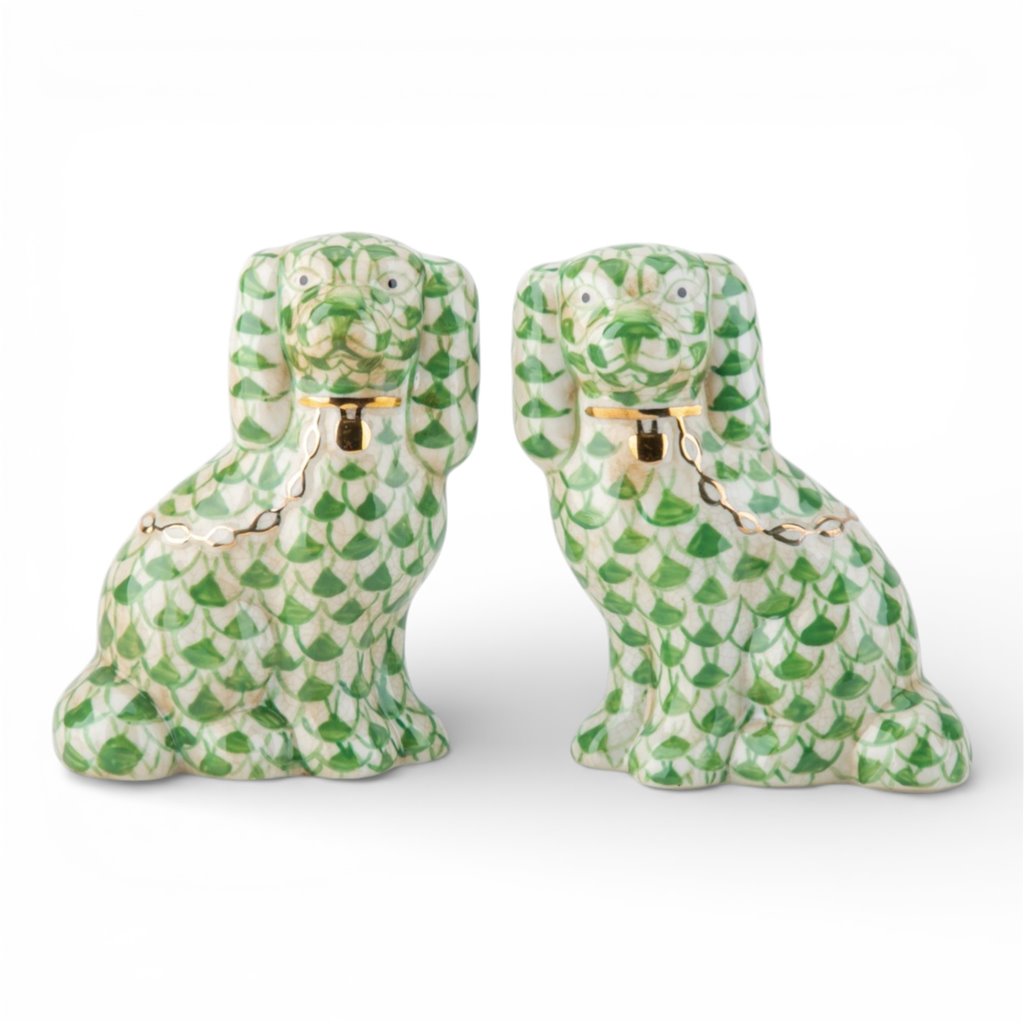 Danny’s Fine Porcelain | Fishnet Lime Green Spaniel Dog Figure Pair W/ Gold Accent (5.5”H X 9Lx2W)