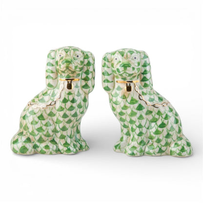 Danny’s Fine Porcelain | Fishnet Lime Green Spaniel Dog Figure Pair W/ Gold Accent (5.5”H X 9Lx2W)