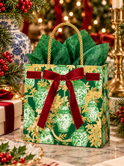 Caspari Ginger Jars Dark Green Small Square Gift Bag – 5.75" × 2.5" × 5.75" | Chinoiserie Gift Bag