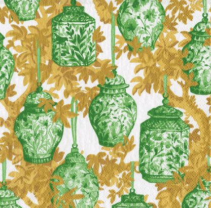 Caspari Ginger Jars Green & White Cocktail Napkins – Package of 20 | Chinoiserie Paper Napkins