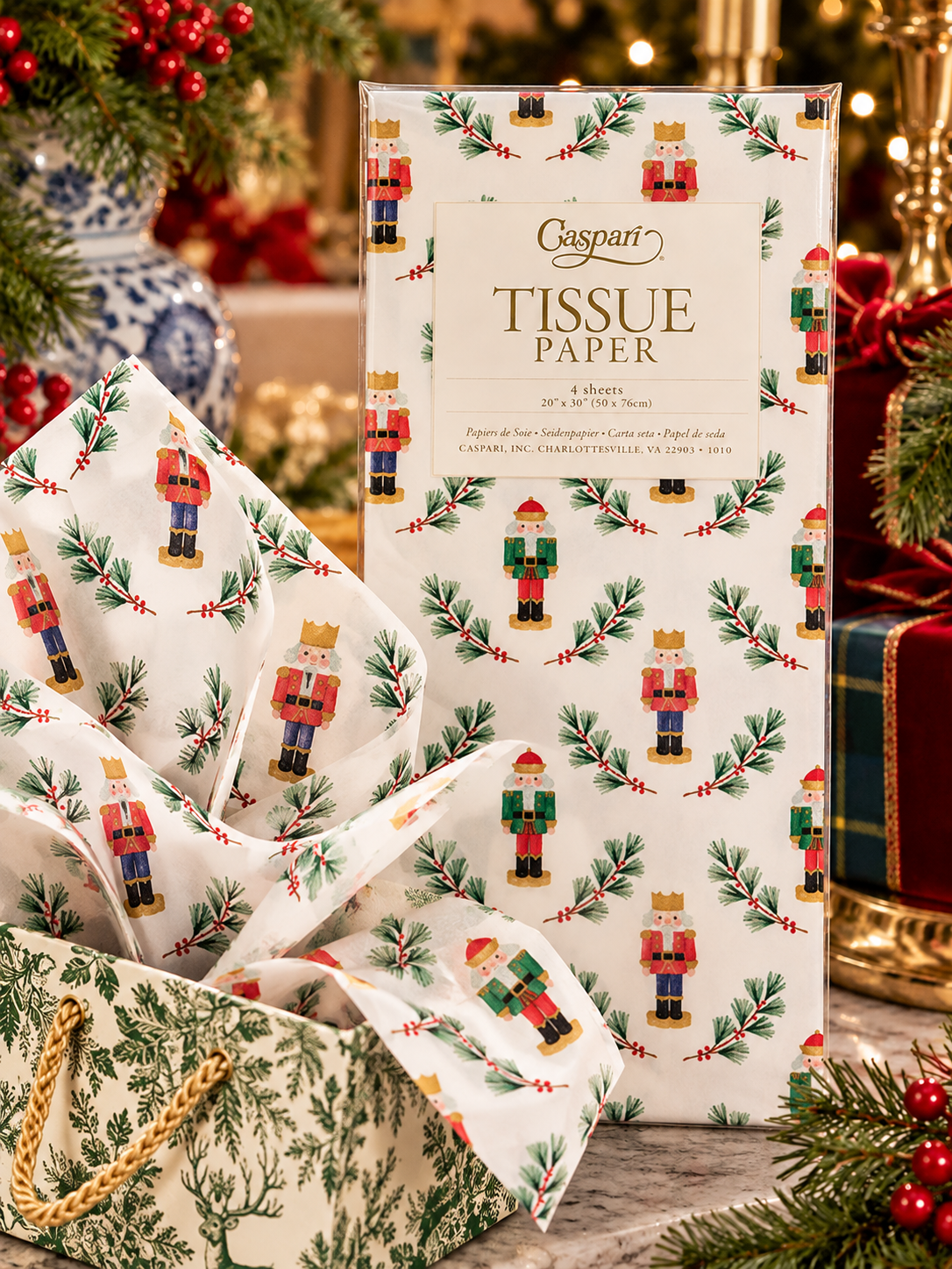 Caspari Little Nutcracker Christmas Tissue Paper – Package of 4 Sheets | Holiday Gift Wrap