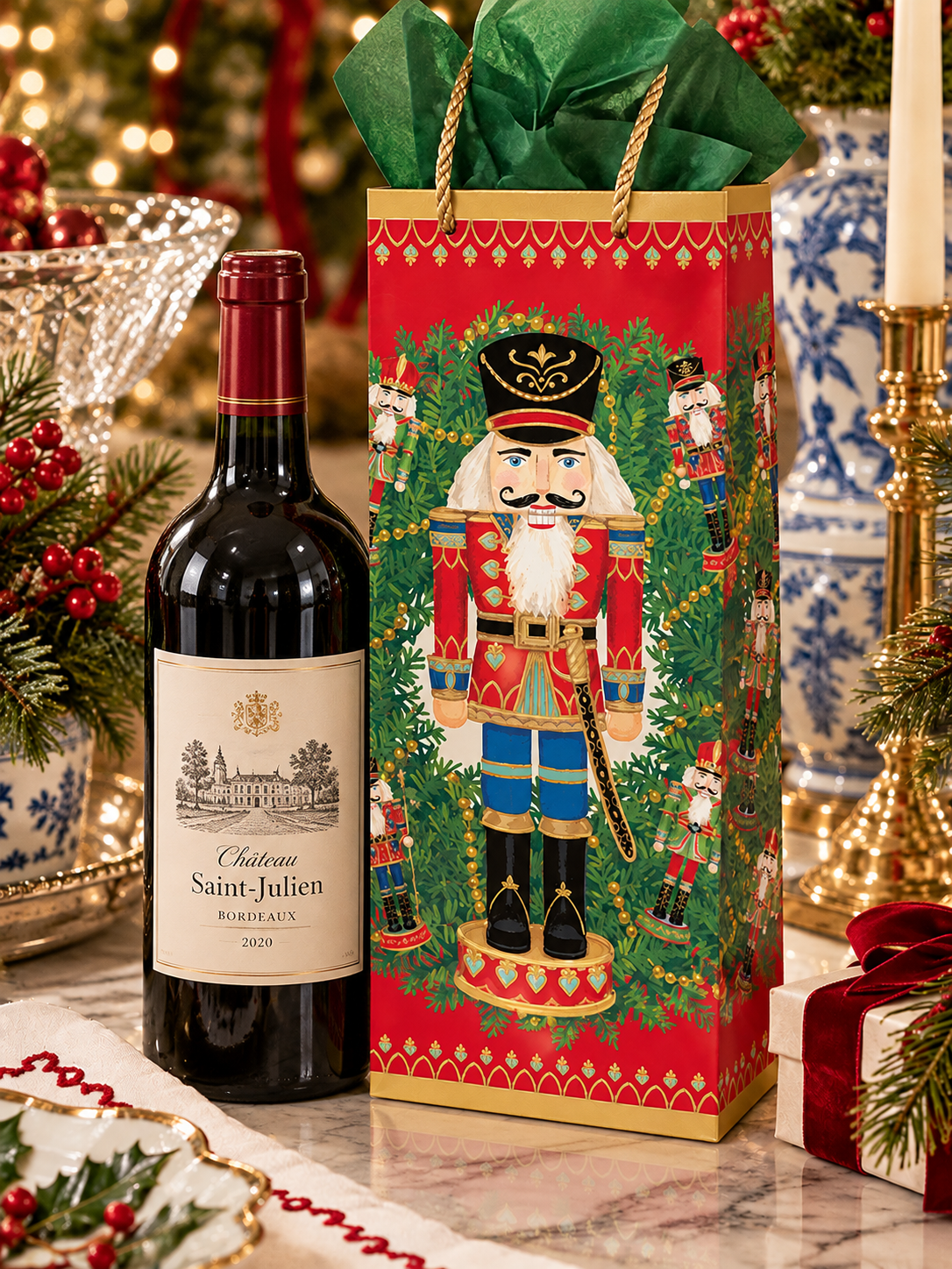 aspari Nutcracker Christmas Bottle Gift Bag – 5" × 3.5" × 13" | Holiday Wine Bag