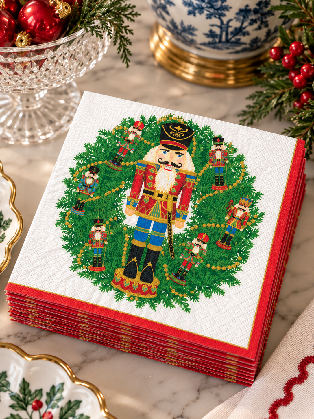 Caspari Nutcracker Wreath Cocktail Napkins – Package of 20 | Christmas Paper Napkins