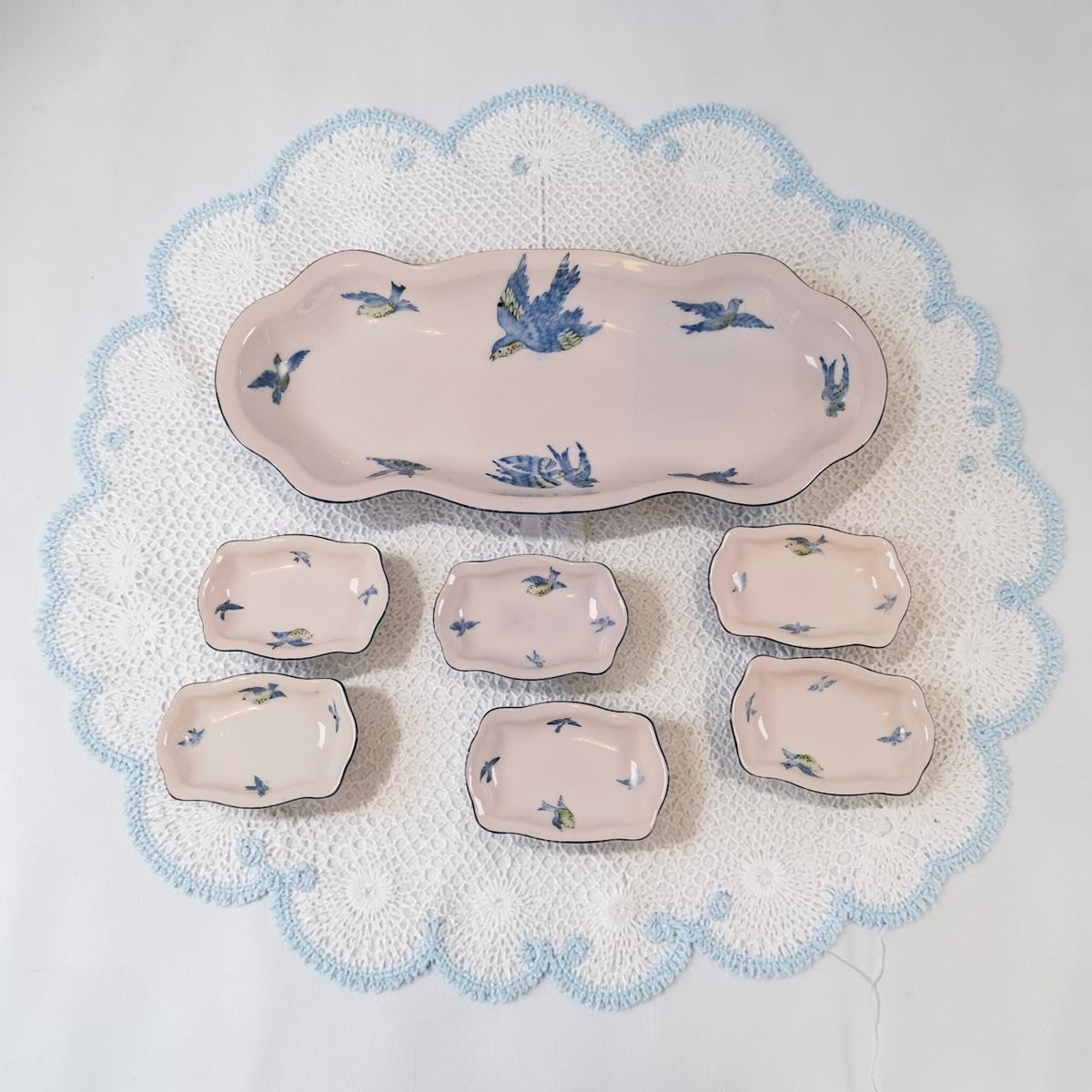 Prussian Royal Rudolstade Celery Dish with 6 Salt Cellars, Beautiful Blue Birds Motif
