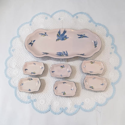 Prussian Royal Rudolstade Celery Dish with 6 Salt Cellars, Beautiful Blue Birds Motif