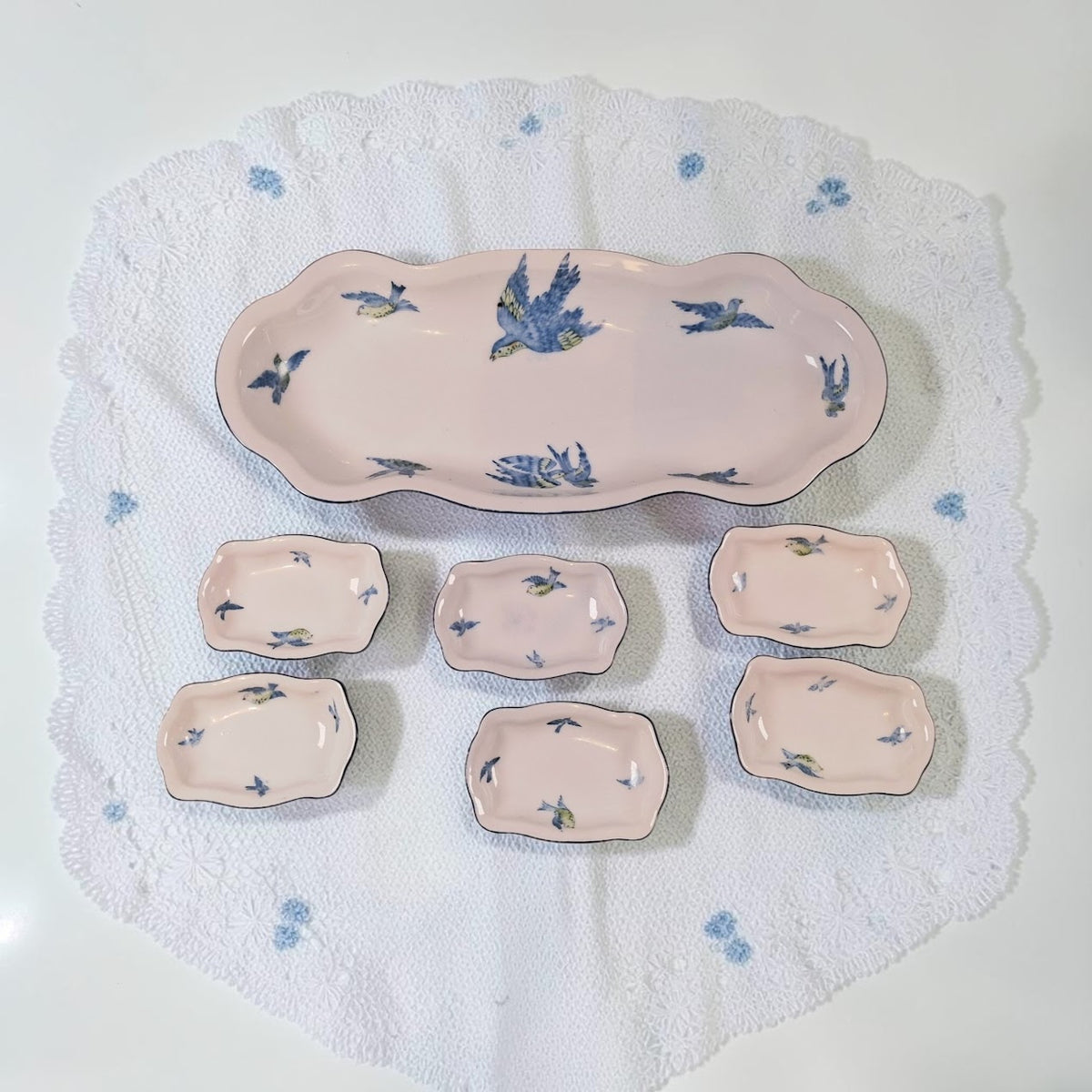 Prussian Royal Rudolstade Celery Dish with 6 Salt Cellars, Beautiful Blue Birds Motif