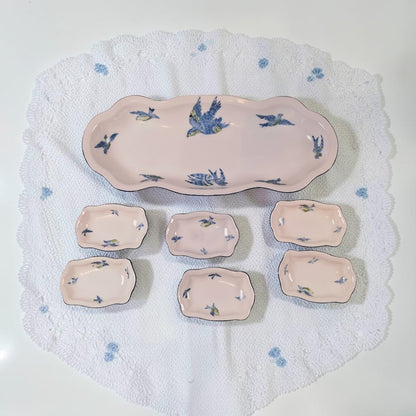 Prussian Royal Rudolstade Celery Dish with 6 Salt Cellars, Beautiful Blue Birds Motif