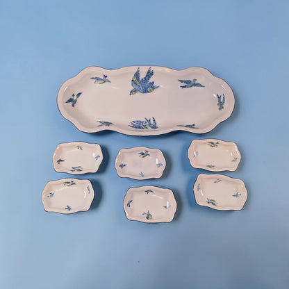 Prussian Royal Rudolstade Celery Dish with 6 Salt Cellars, Beautiful Blue Birds Motif