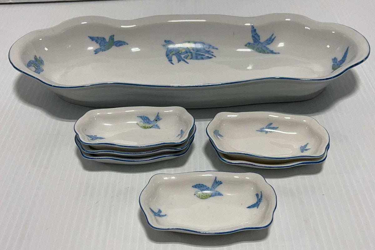Prussian Royal Rudolstade Celery Dish with 6 Salt Cellars, Beautiful Blue Birds Motif