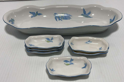 Prussian Royal Rudolstade Celery Dish with 6 Salt Cellars, Beautiful Blue Birds Motif
