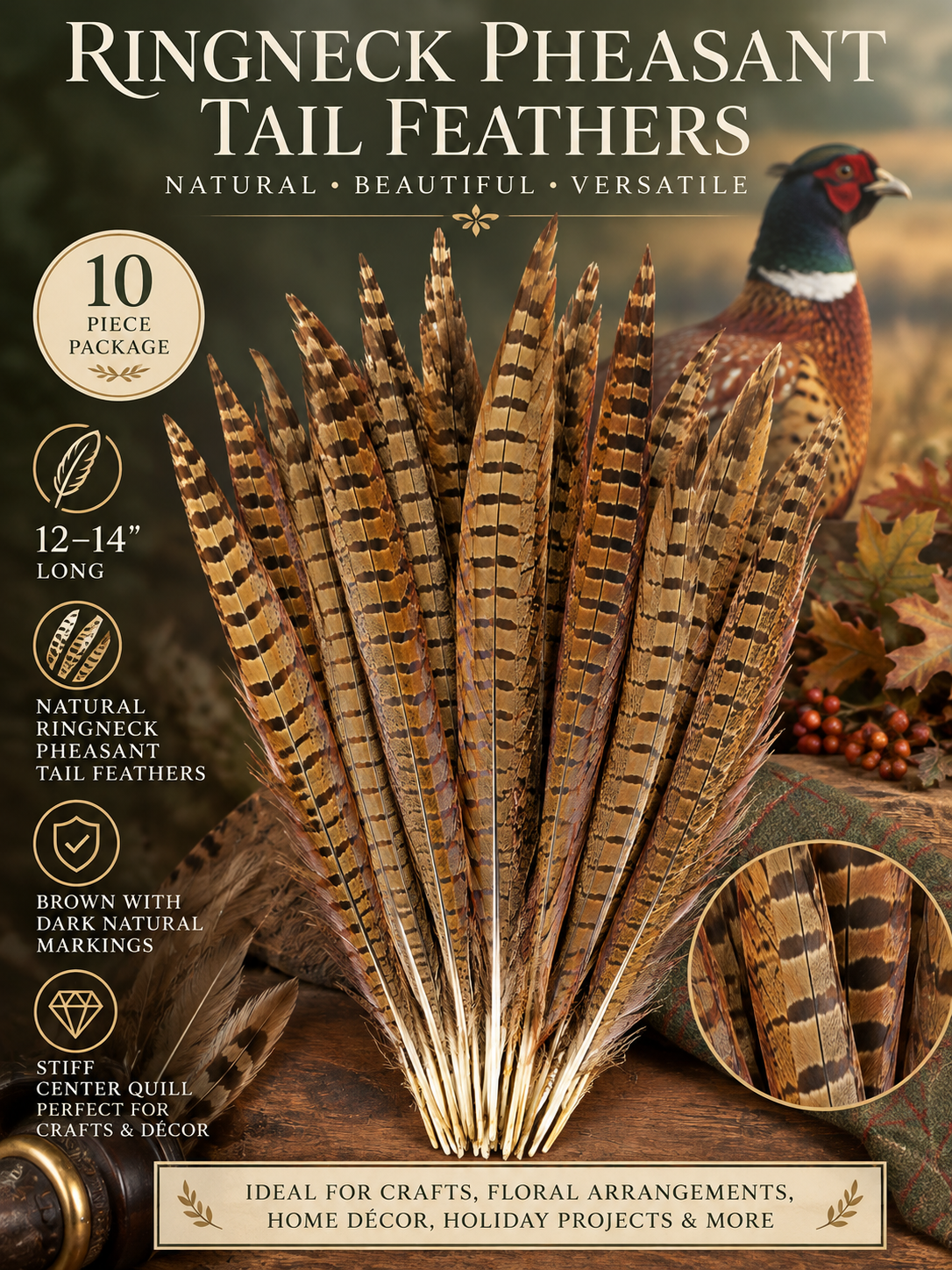 Natural Ringneck Pheasant Tail Feathers | 12–14” Long | Set of 10 | English Country Décor