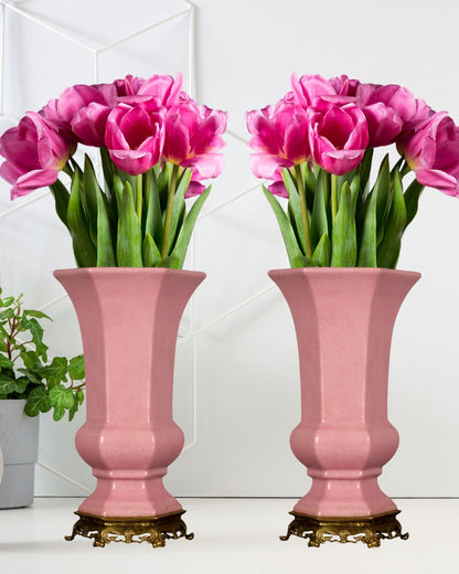 Danny's Fine Porcelain - 12” Tall Pink Hexagonal Porcelain Vase, Bronze Base