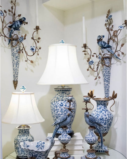 Danny’s Fine Porcelain | Pair Blue & White Bird Wall Candle Sconces – 22”x7”x30” | Porcelain & Bronze