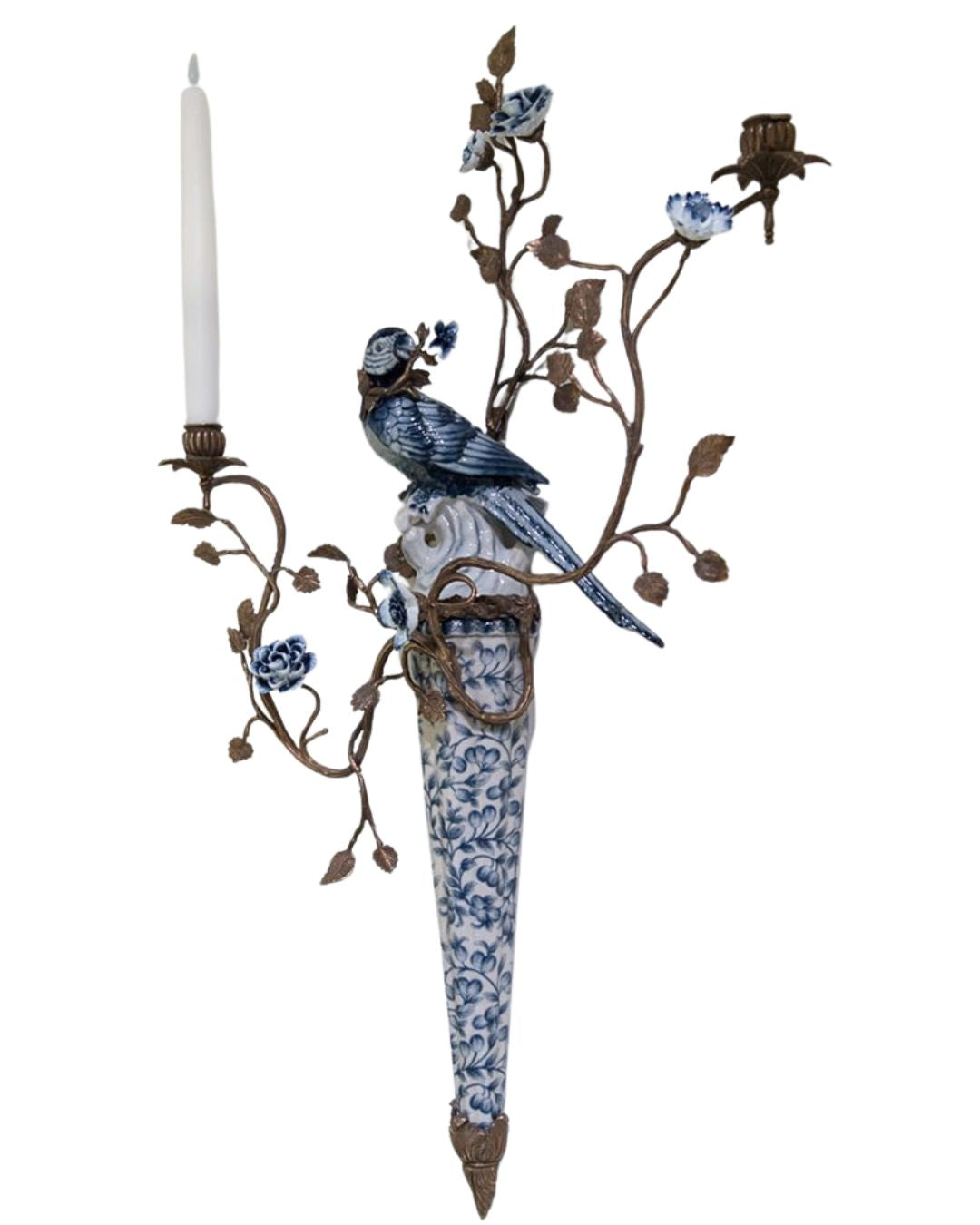 Danny’s Fine Porcelain | Pair Blue & White Bird Wall Candle Sconces – 22”x7”x30” | Porcelain & Bronze
