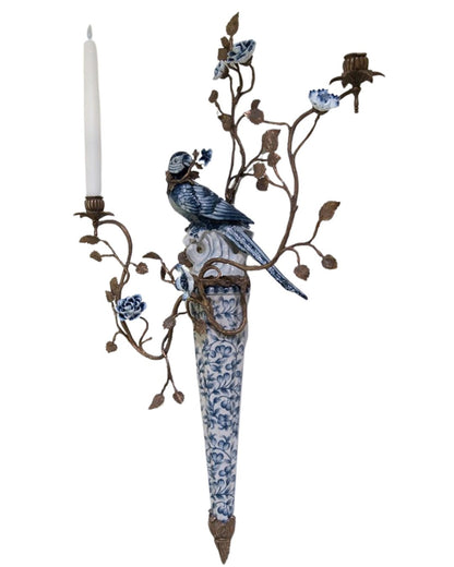 Danny’s Fine Porcelain | Pair Blue & White Bird Wall Candle Sconces – 22”x7”x30” | Porcelain & Bronze