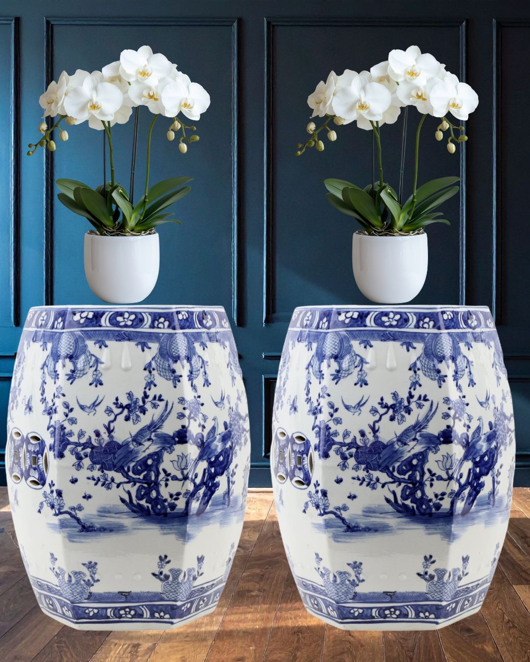 Danny’s Fine Porcelain | Blue & White Floral & Bird Garden Stool – 13” x 18.5” | Hand-Painted Chinoiserie Accent