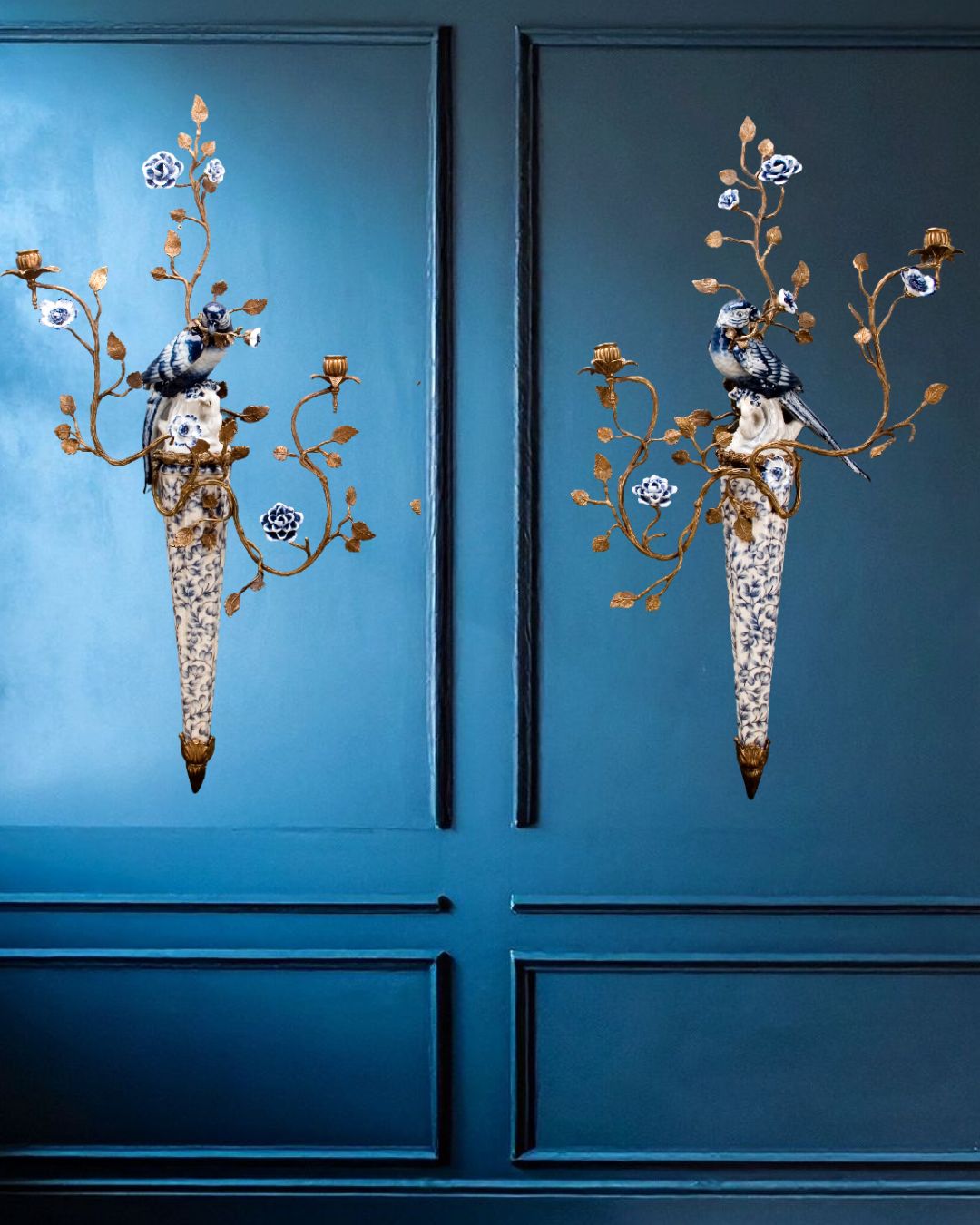 Danny’s Fine Porcelain | Pair Blue & White Bird Wall Candle Sconces – 22”x7”x30” | Porcelain & Bronze