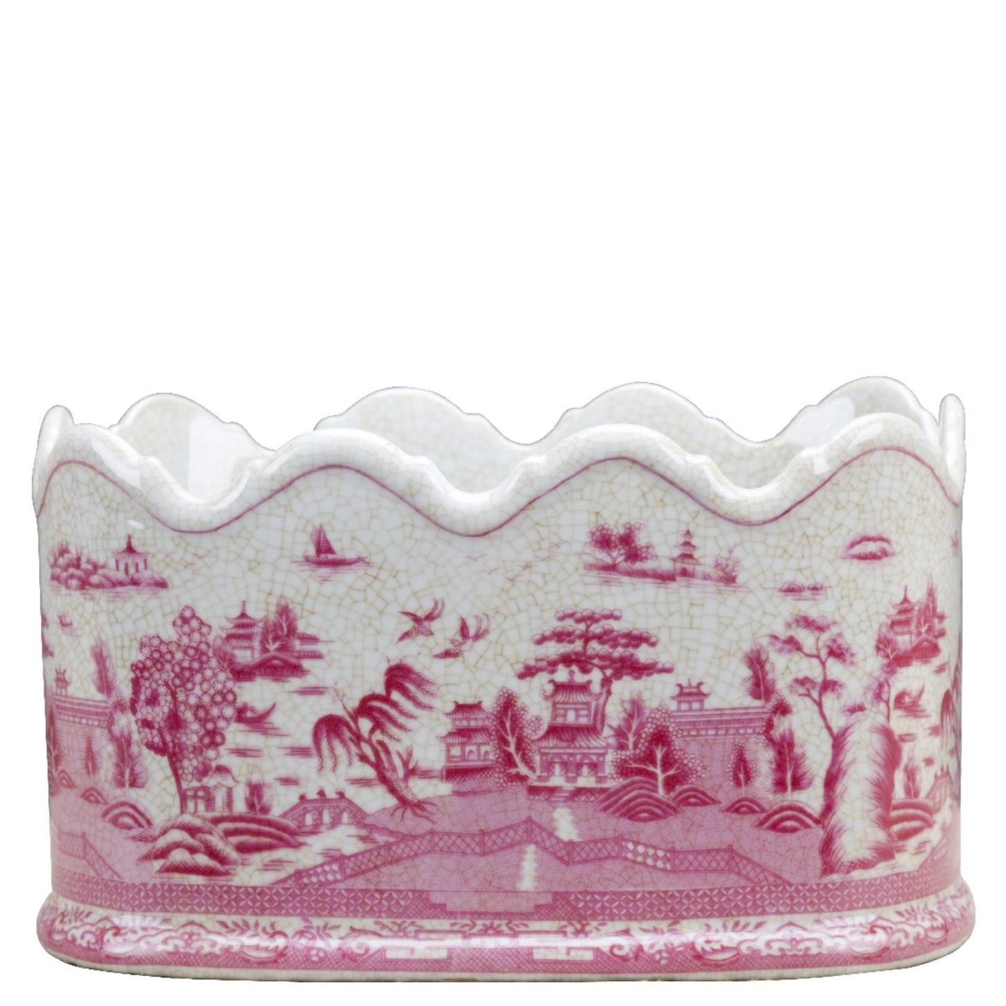 STUNNING- Pink & White Porcelain Pagoda Scalloped Basin, 12x8x7 - Pristine!