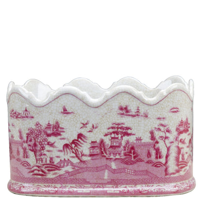 Danny's Fine Porcelain- Pink & White Willow Porcelain Pagoda Scalloped Basin/Planter 12x8x7