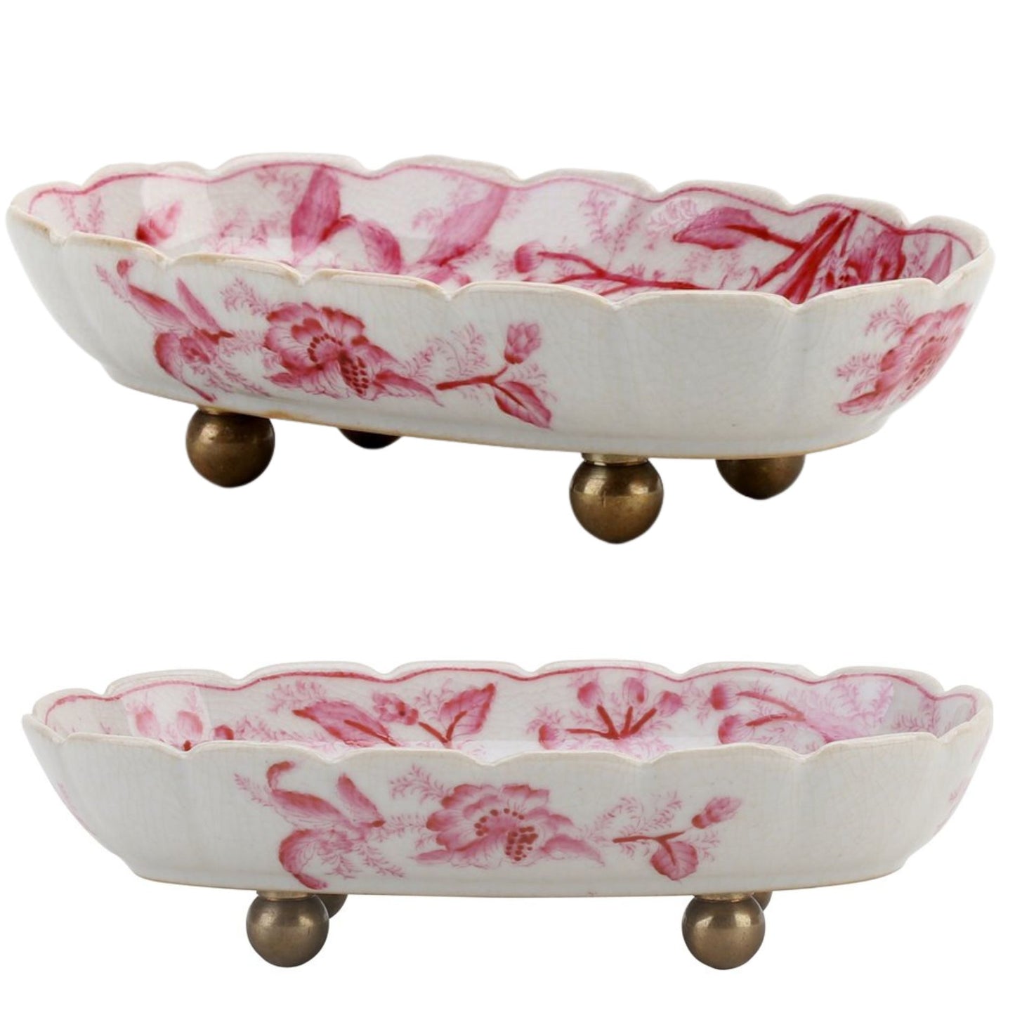 NEW - Pink/White "Primrose" Bronze Footed Trinket/Soap Dish, 8x4.5"